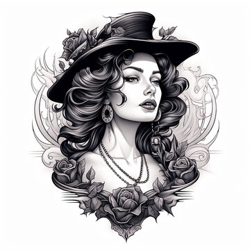 Tattoo-Inspired Monochrome Illustration of a Beautiful Woman for T-Shirt Design with Bold Line Work, Solid Black Shading, and Traditional Elements