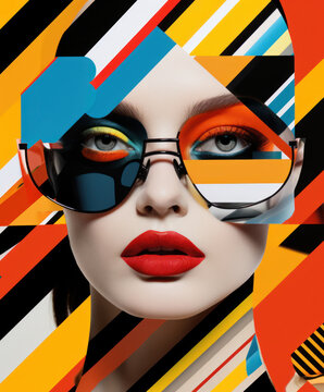 Fototapeta Mixed-Media colorful portrait of woman in modern sunglasses with different collage elements. Generative AI