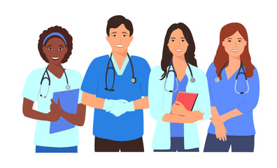 Doctors with stethoscope. Group of medical students or nurses. Vector illustration