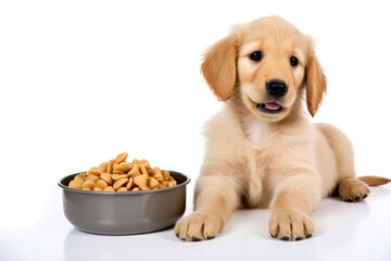 Adorable dog eating dog food on white background	 - obrazy, fototapety, plakaty