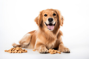 Adorable dog eating dog food on white background	