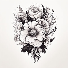 Tattoo-Inspired Floral Illustration for T-Shirt Design in Black and White with Bold Line Work and Traditional Elements