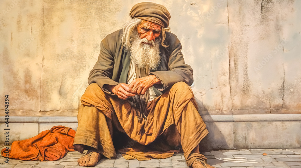 Wall mural an old man with a turban on his head sits on the curb in the street