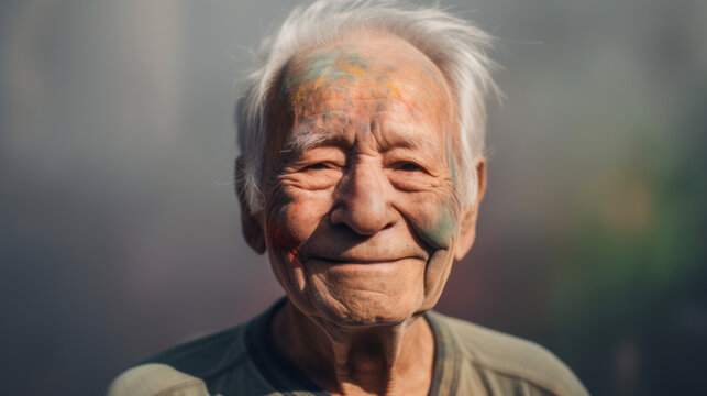 AI Generated Image of portrait of happy senior elderly man with powder paint on his face after Holi Festival