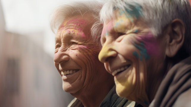 Generated Image of happy Asian senior couple with powder paint on faces having fun at outdoors Holi Festival