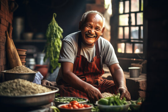 Aging man smiling happily while preparing food