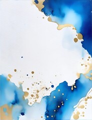 Blue and metallic gold watercolor on a white background. The color splashes on the paper background