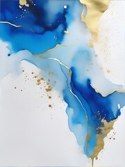 Blue and metallic gold watercolor on a white background. The color splashes on the paper background