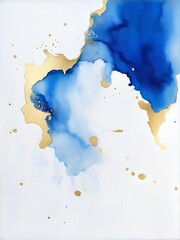 Blue and metallic gold watercolor on a white background. The color splashes on the paper background