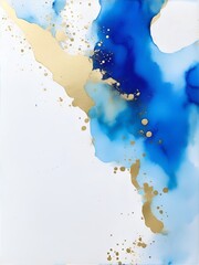 Blue and metallic gold watercolor on a white background. The color splashes on the paper background