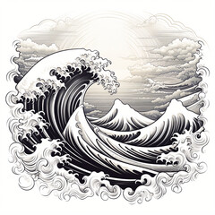 Tattoo-Inspired Wave Illustration in Black and White for T-Shirt Design with Bold Line Work and Traditional Elements