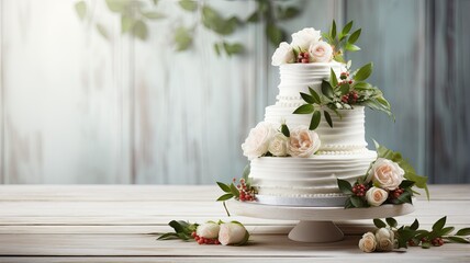 a stunning white wedding cake adorned with intricate flowers and delicate green leaves. The cake sits on a pristine white wooden background, creating an ambiance of timeless beauty.