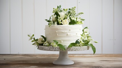 a stunning white wedding cake adorned with intricate flowers and delicate green leaves. The cake sits on a pristine white wooden background, creating an ambiance of timeless beauty.