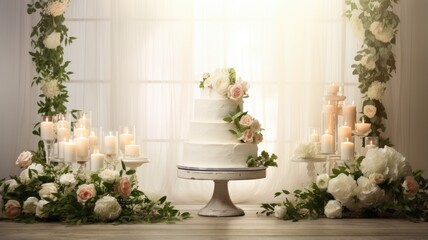 Fototapeta na wymiar a stunning white wedding cake adorned with intricate flowers and delicate green leaves. The cake sits on a pristine white wooden background, creating an ambiance of timeless beauty.