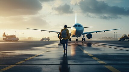 excited tourists, as they board a commercial airplane parked on the airport runway. The scene brims with anticipation and the promise of adventure.