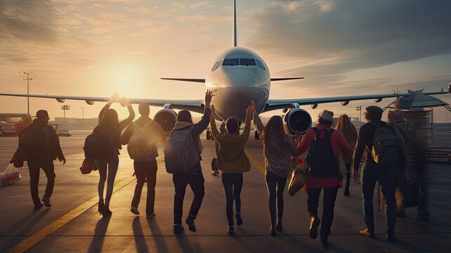 excited tourists, as they board a commercial airplane parked on the airport runway. The scene brims with anticipation and the promise of adventure.