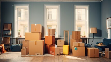 boxes and various household items neatly arranged indoors, ready for the big move. The scene showcases the anticipation and planning that go into a moving day. - obrazy, fototapety, plakaty