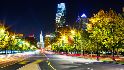 Night view of Benjamin Franklin parkway leading towards Philadelphia city hall. Benjamin Franklin...