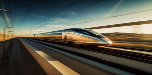 Obraz premium Fast express passenger train, futuristic conceptual technology on high speed railway.