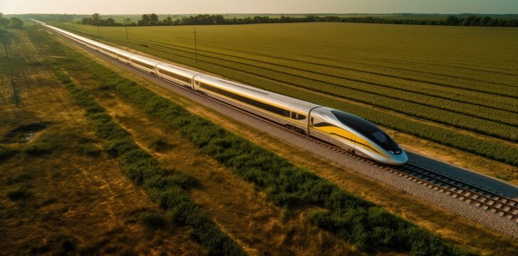 Fast express passenger train, futuristic conceptual technology on high speed railway.
