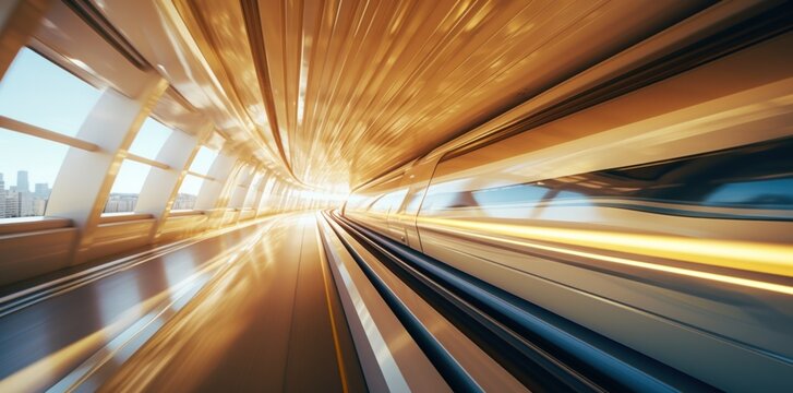 Fast express passenger train, futuristic conceptual technology on high speed railway, motion blur effect.