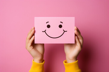 First person top view of Valentine's day express delivery card in girl's hands holding pink envelope with letter with lovely smile on pink background. Sending love romantic or friendship concept