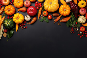 Autumn background with seasonal fruits and vegetables, top view, flat lay