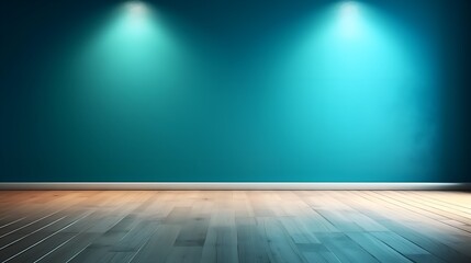 Turquoise Oasis: Interior Background with Glare on Empty Wall and Wooden Floor, Product Presentation, Background