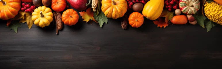 Poster Autumn background with seasonal fruits and vegetables, top view, flat lay © thejokercze