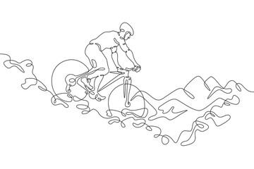Fototapeta na wymiar Mountain bike. Extreme sport. Cyclist. Sportsman on a bicycle.Landscape. One continuous line. Linear. Hand drawn, white background.
