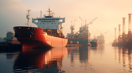 Fototapeta premium Russian ships with oil and minerals are unloaded in a European port. Concept of sanctions. Generative AI