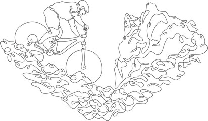 Mountain bike. Extreme sport. Cyclist. Sportsman on a bicycle.Landscape. One continuous line. Linear. Hand drawn, white background.