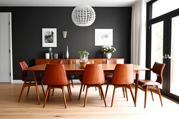 Classic scandinavian mid century modern wood and leather chairs luxury dining room with stylish composition interior