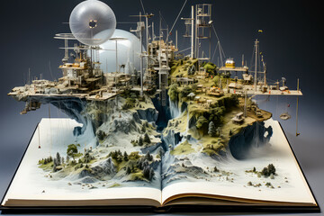 art of a broken sailboat full of vegetation in a cave with water