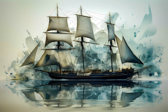 art of a frigate ship on a white background with reflection in the water,