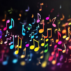 Colorful dancing musical notes on a black background