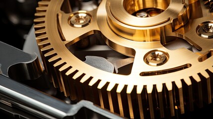 Close-up of golden gears. Abstract technical background. Illustration for banner, poster, cover, brochure or presentation.