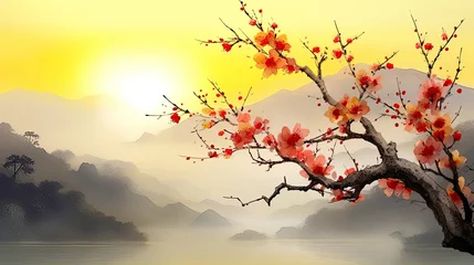 Foto op Canvas Landscape with cherry blossoms, river, mountains on the horizon in the rays of the rising sun. The nature was wrapped in a light morning mist. Illustration for cover, card, interior design or print. © Login