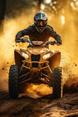 Fototapeta na wymiar Extreme ATV rider rushing on dirt track through forest. Generative AI