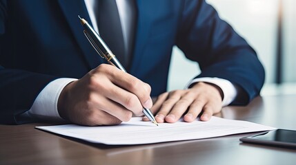 A man in a suit signs an important document (contract, certificate). The concept of responsibility. Completion of a business transaction. Illustration for banner, poster, cover, brochure, presentation