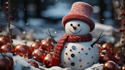 Funny smiling snowman in a hat and scarf on a snowy meadow in a winter forest among tree trunks....