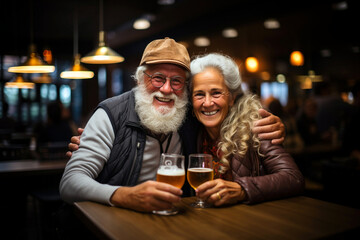 Active social lifestyle of senior people concept. Mature couple having fun drinking beer at cafe bar restaurant. Husband and wife pensioners hanging out enjoying happy hour at brewery pub
