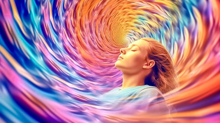 portrait of a woman in hypnosis, colorful abstract world of illusion