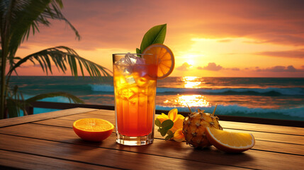 cocktail glass close-up Tropical orange sunset relax view with fresh beverage