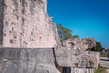 Chichen Itza, Mexico, Dez 2017. Temple of the Bearded Man, a Maya temple with murals reliefs of men with beards, near the ball court used in other spectator sports such as wrestling as well as feasts.