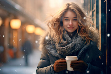 Coffee Bliss in a Winter Wonderland: Woman Enjoying a Warm Cup Outdoors as Snow Falls