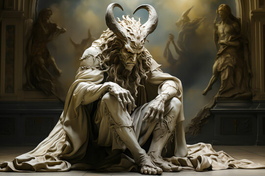 representation of the devil in grisaille sculpture style