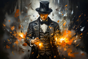 painting of a magician, sparks come out of his hands