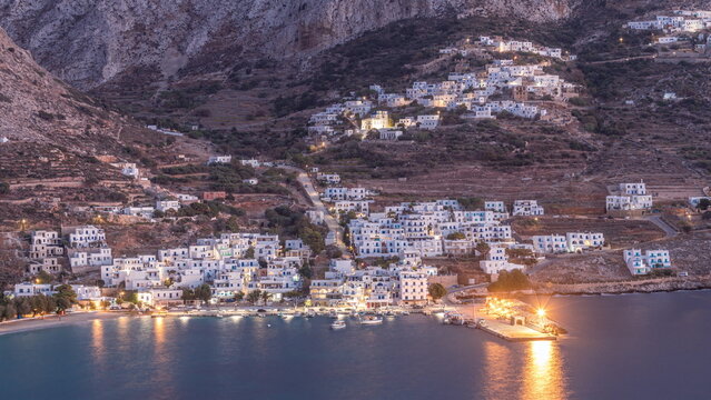 Amorgos island aerial day to night timelapse from above. Greece