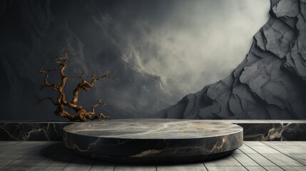 Stark 3D rendered marble pedestal in a moody, gray rocky setting, featuring a solitary, twisted tree  perfect for dramatic presentations - obrazy, fototapety, plakaty